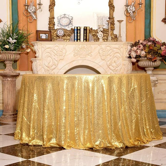 Juya Delight 120-Inch Round Gold Sequin Tablecloth for Wedding Birthday Party Festival Ceremony Dessert Table