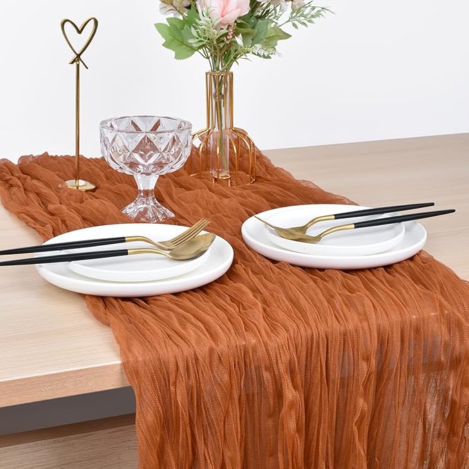 Joanlody Terracotta Cheesecloth Table Runner Spring Summer 10Ft Rustic Gauze Boho Cheese Cloth Table Runner for Wedding Bridal Baby Shower Decoration 4 Pack