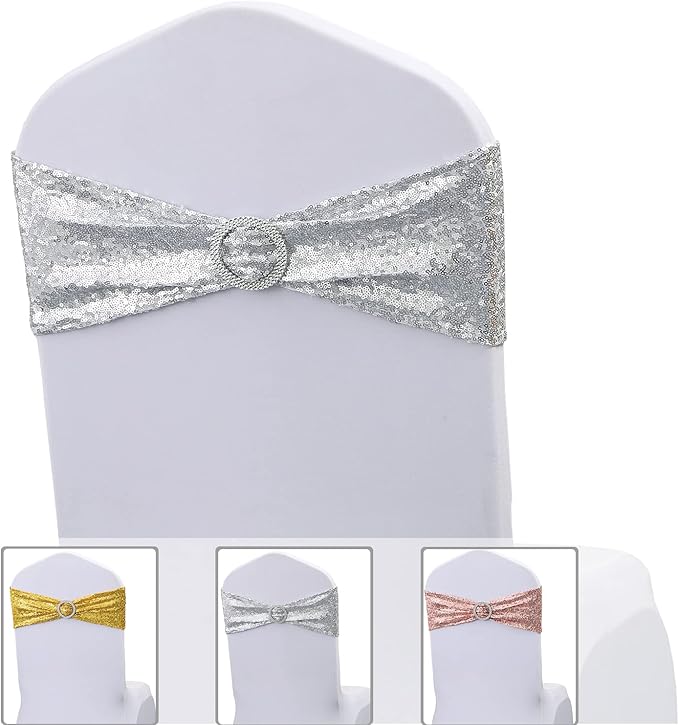 Pack of 50 Sequin Silver Chair Sashes for Wedding Decor, Glitter Chair Bands with Buckles for Party Birthday Bridal Shower Anniversary Christmas Events Decorations