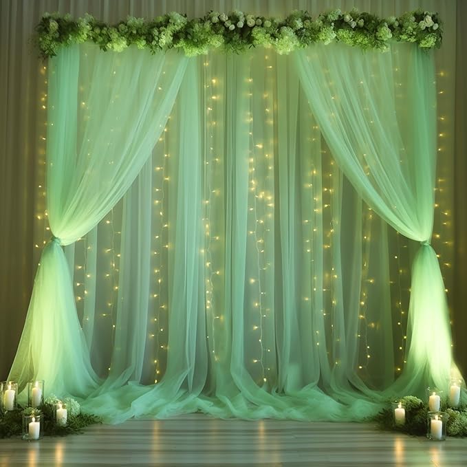 20x10ft Olive Green Tulle Backdrop Curtain with Lights String for Parites, Sheer Backdrop Curtains for Wedding Baby Shower Birthday Party Photo Shoot Decorations