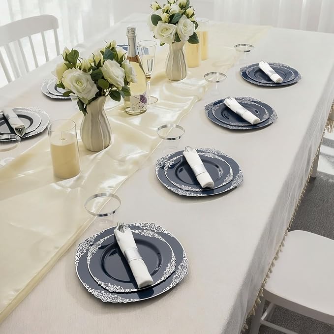 Bestluck 175PCS Navy Blue Plates for 25 Guests, Disposable Dinnerware Sets Include 50 Plastic Plates, 25 Silverwares, 25 Cups, and 25 Pre Rolled Napkins for Party, Wedding and Graduation