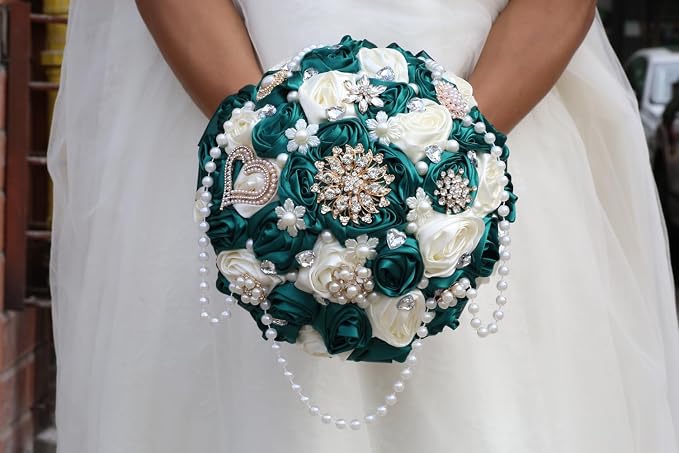 Emerald Green and Ivory Bridal Wedding Bouquet with Rhinestone Brooch Pearl String Cascade Bouquet for Bride Bridesmaid Quinceanera Rose Flower Bouquet Wedding Emerald Green and Ivory 9.8in