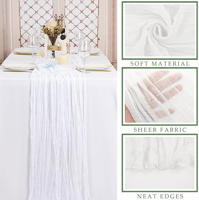 6 Pcs White Cheesecloth Table Runner 10FT Runner for Tables Gauze Fabric Boho Cheese Cloth Table Runner Decoration Rustic Semi Sheer Runner for Wedding Birthday Holiday Bridal Shower Party (White)