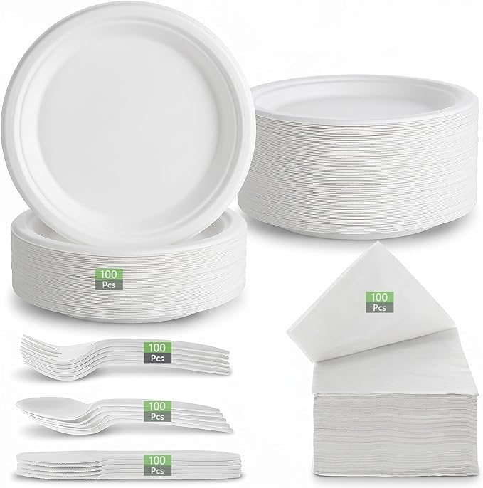 500Pcs Compostable Paper Plates Set Party Supplies Severs 100 Guests Disposable Party Plates Heavy-duty Utensil Disposable Party Plate Fork Knives Spoon Napkin Dinnerware for Birthday Wedding Camping
