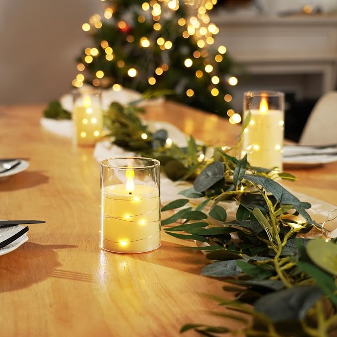 Amagic LED Flameless Candles, Battery Operated Candles with Embedded Fairy Lights, Acrylic Fake Candles with Remote and Timer for Wedding Home Decor, Ivory White, Set of 3, D3 x H4 5" 6"