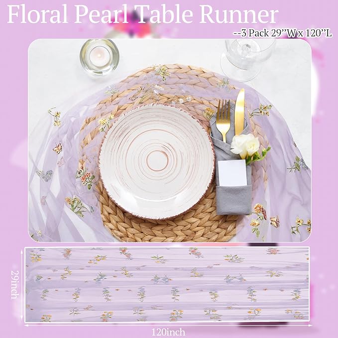 Lounsweer 3 Pcs Purple Wildflower Table Runner 10ft Embroidery Tulle Spring Floral Table Runner Seasonal Summer Butterfly Kitchen Dining Gauze Decoration for Wedding Baby Shower Birthday Party