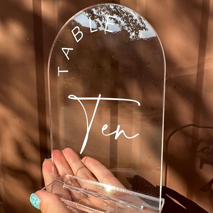 JINMURY Clear Acrylic Arch Table Numbers with Stands, 5x7 Inch Acrylic Arch Sign Table Numbers for Wedding (Clear White Font, 5x7 Inch Table Number 1-15)