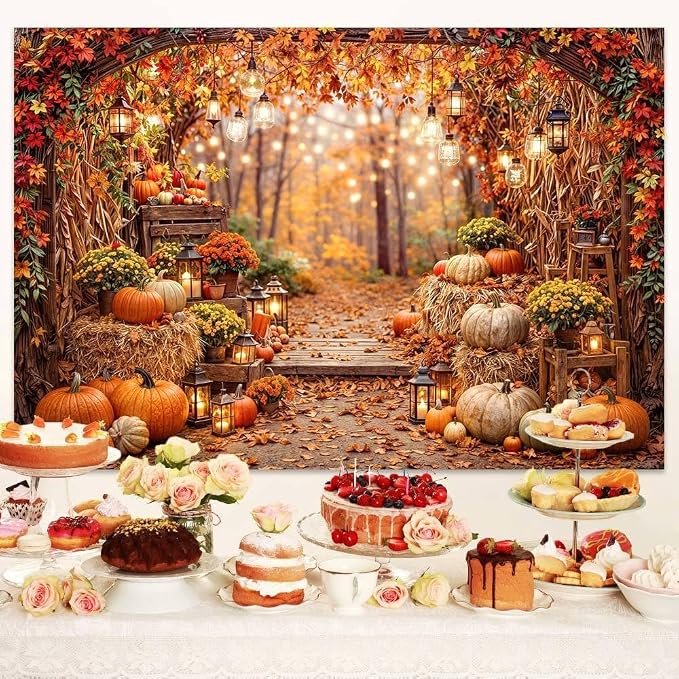 15 x 10 ft Fall Photo Backdrop Autumn Forest Scenery Pumpkins Harvest Maple Leaves Background Fall Sunflowers Thanksgiving Day Friendsgiving Party Decorations Banner Photo Booth Props Supplies