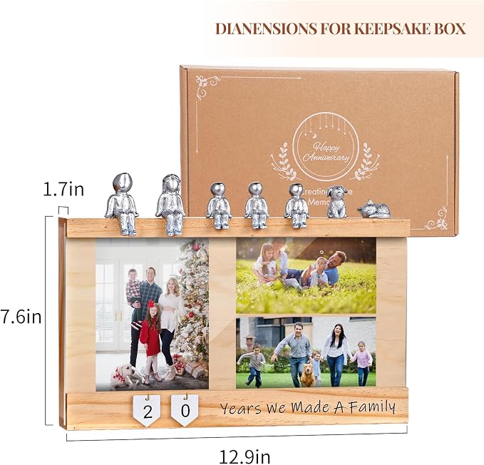 Anniversary Keepsake Box with Family Statue- Wooden Picture Frame for Cherished Keepsakes Storage，Anniversary or Wedding Gifts for Her/He (Pine)