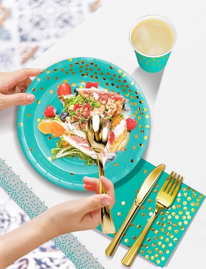 Nkaiso 141 Pieces Blue Green and gold Party Supplies, Disposable Party Decorations Sets Include Paper Plates Napkins Cups, Plastic Forks Knives Spoons, for Baby Shower Birthday Wedding -20 Guests