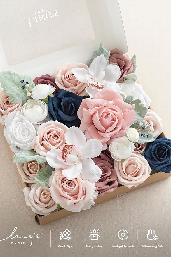 Ling's moment Fake Flowers Box, Faux Artificial Greenery Stems Foam Roses Silk Orchid Ranunculus Fabic Flower for Centerpieces Bouquet Wedding Vase Decorations, Dusty Rose & Navy, Grand Combo