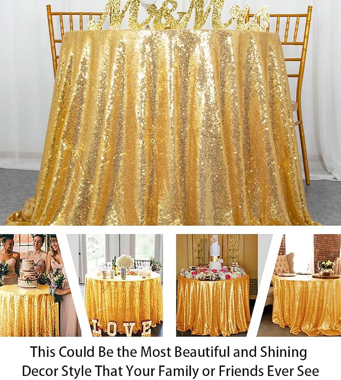 ShiDianYi Round Sequin Tablecloth 72'' Gold Glitter for Party - Sparkle Table Overlay, Shiny Cake Dessert Cover - Shimmer Table Cover for Wedding Reception