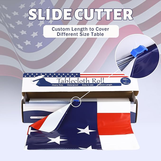Kochorie 100 Ft x 54 Inch 4th of July Tablecloth Roll in Slide Cutter Box Disposable Plastic Table Cloths Cut to Size Independence Day Backdrop for Memorial Day Veterans Day Party Supplies