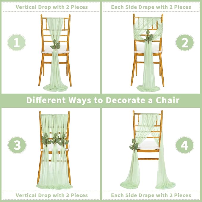 QueenDream Sheer Fabric Wedding Chair Sashes: 36PCS Tulle Church Chair Cover Long Chairs Bows Aisle Drapes Party Decorations Sage Green