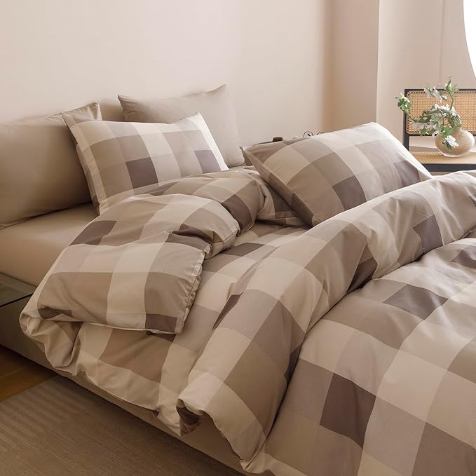 KAREVER Gingham Checkered Comforter King Khaki Plaid Bedding Set Boys Girls Colorful Grid Cottagecore Blanket King