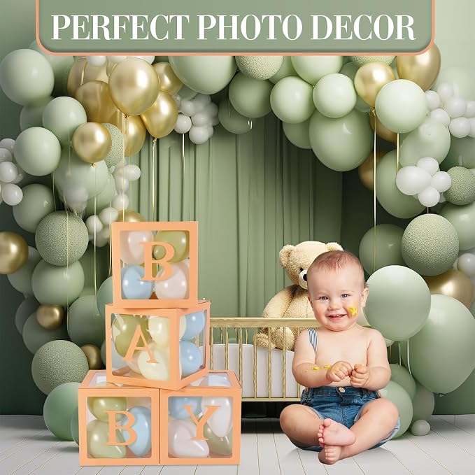 Zhanmai Baby Boxes for Bear Baby Shower Decoration with 4 Letters 36 Balloons 4 Transparent Clear Balloon Box Blocks for Boy Girl Balloon Boxes Gender Reveal Party Favors (Green,Yellow,Blue,White)