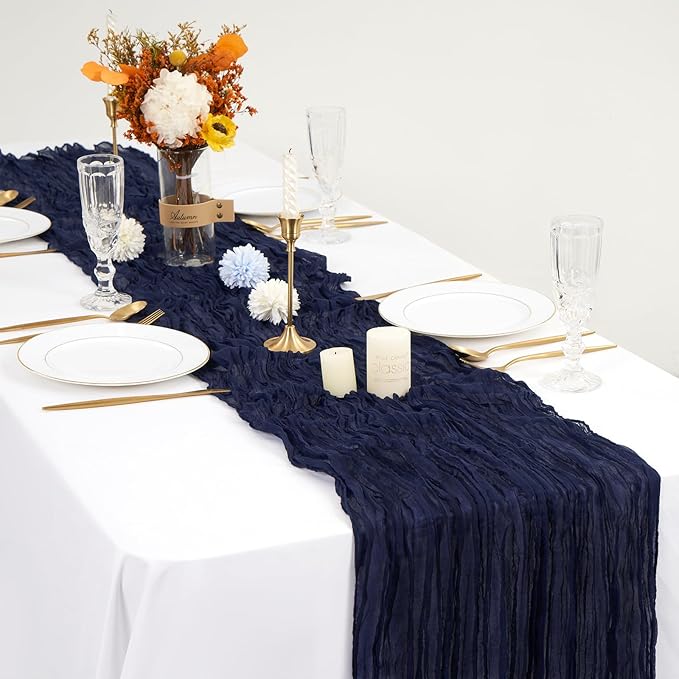24 Pack Navy Blue Cheesecloth Table Runner,Gauze Boho Long Cheese Cloth Table Runner 17x108 inch Rustic Table Runners for Wedding Party Bridal Shower Banquet Table Decorations