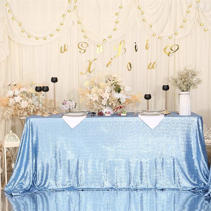 Eternal Beauty Baby Blue Tablecloth, 50x80 Inch Sequin Rectangle Table Cover for Cake Dessert Exhibition Party Birthday Events