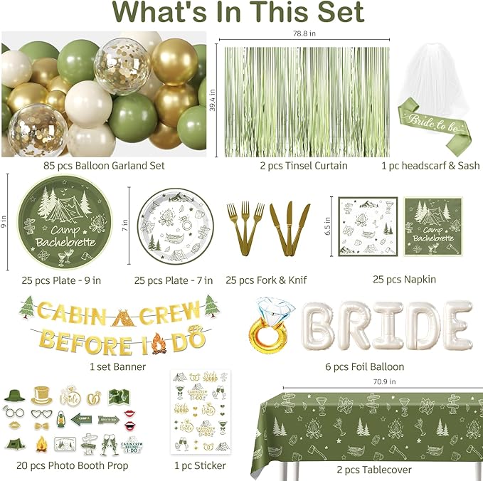 cocomigo 244 PCS Camp Bachelorette Decorations, Hassle-Free One-Stop Set for 25 Guests, With Balloon, Banner, Photo Props, Tattoos, Plates and Napkins, Easy Setup for Camp Bachelorette Party