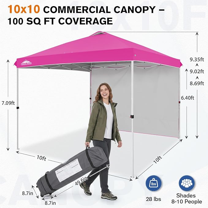 EAGLE PEAK Commercial Canopy 10x10 Pop Up Canopy Tent with 1 Sidewall, Easy Setup Heavy Duty Instant Event Shelter for Vendors & Markets, Outdoor Sun Shade, Pink