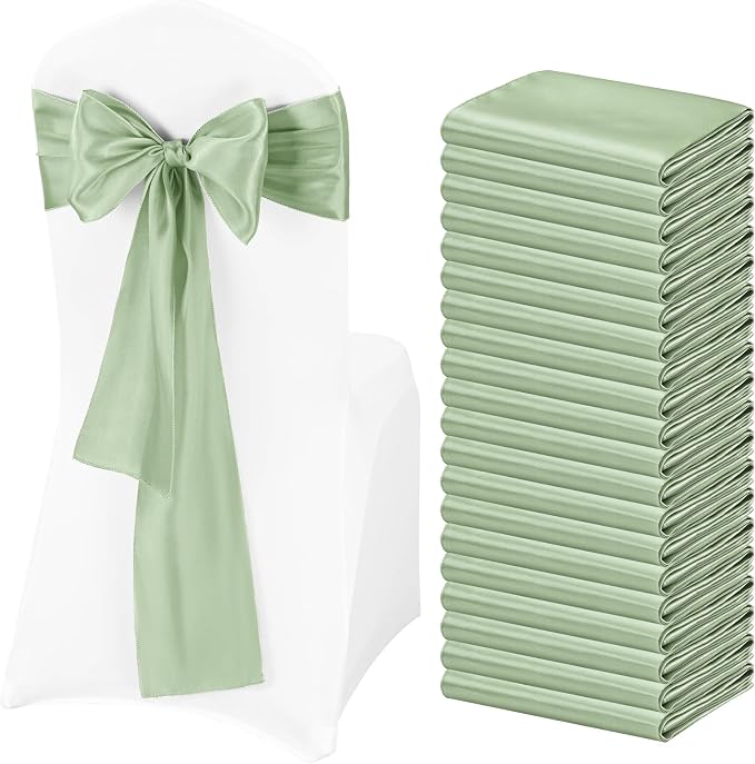 Pesonlook 60 PCS Sage Green Satin Chair Sashes Bows Satin Chair Sashes Universal Chair Cover for Wedding Reception Restaurant Event Decoration Banquet,Party,Hotel Event Decorations (7 x 108 inch)