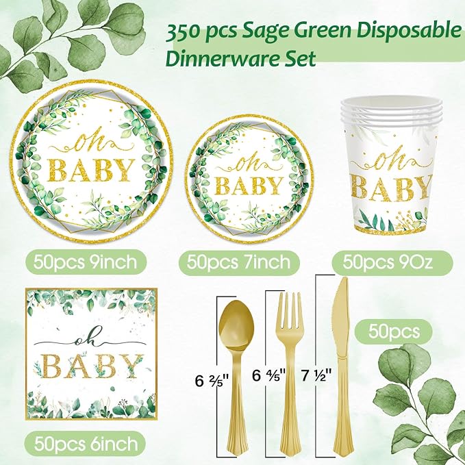Sage Greenery Baby Shower Party Supplies - 350 PCS Gender Neutral Disposable Dinnerware Set (50 Guest) with OH Baby Paper Plates and Cups and Napkins Sets for Baby Girl Boy Shower Decorations
