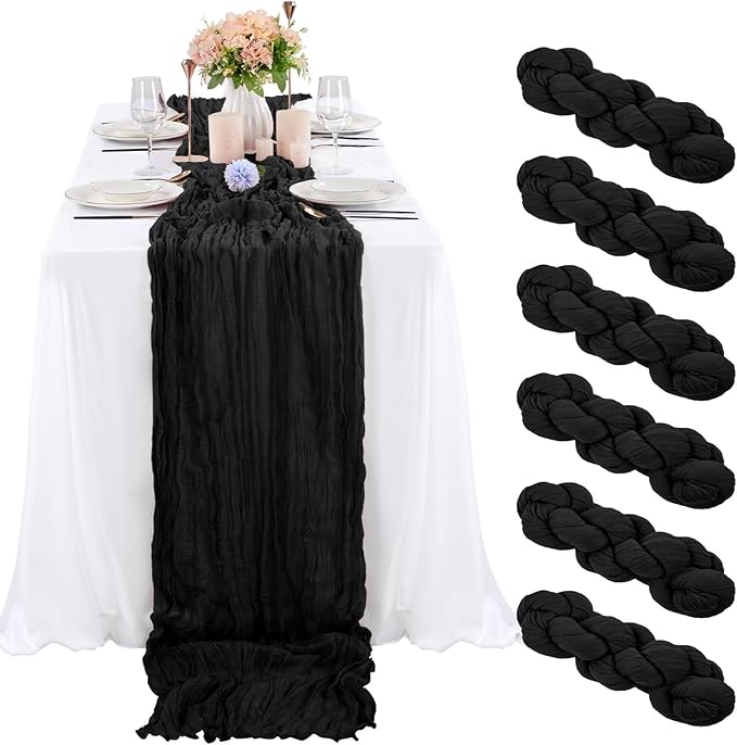 6 Pcs Black Cheesecloth Table Runner 10FT, Gauze Table Runner for Wedding Reception Sheer Bridal Shower Birthday Party Boho Table Decoration, Rustic Romantic Wedding Runner
