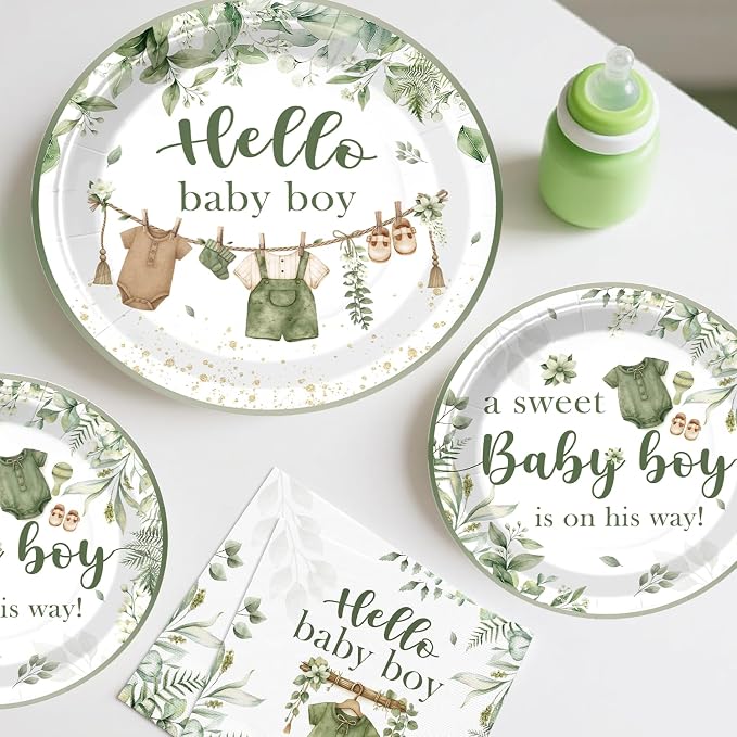 Xynic 201PCS Greenery Baby Shower Decorations Boy Tableware Set, 25 Serves Disposable Thick Plates and Napkins Set, with Pre-strung Banner, Tablecloth, for Baby Shower Boy Decorations