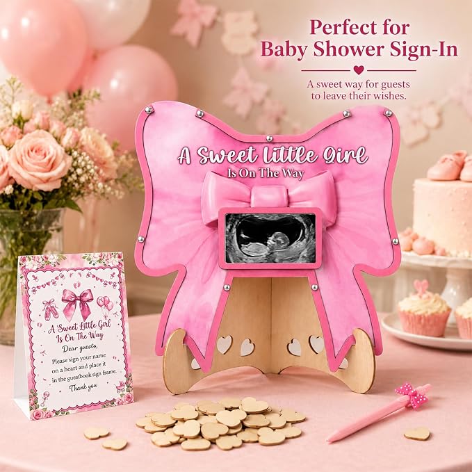 Pink Bow Baby Shower Decorations,A Sweet Baby Girl Is On The Way BabyShower Guest Book Alternatives with Pen,Photo Frame and 60 Heart Wood Slices for 60 Guests
