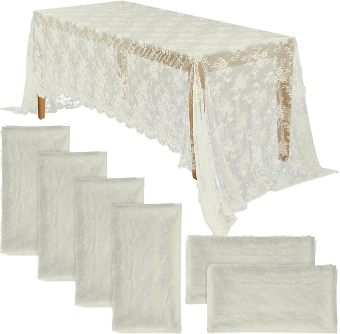 Honeydak 6 Pcs Lace Tablecloth Rectangular 60 x 120 Inch Wedding Rustic Tablecloth Overlay Rose Vintage Embroidered Wedding Reception Party Table Cover Decorations for Bridal Tea Party (Beige)
