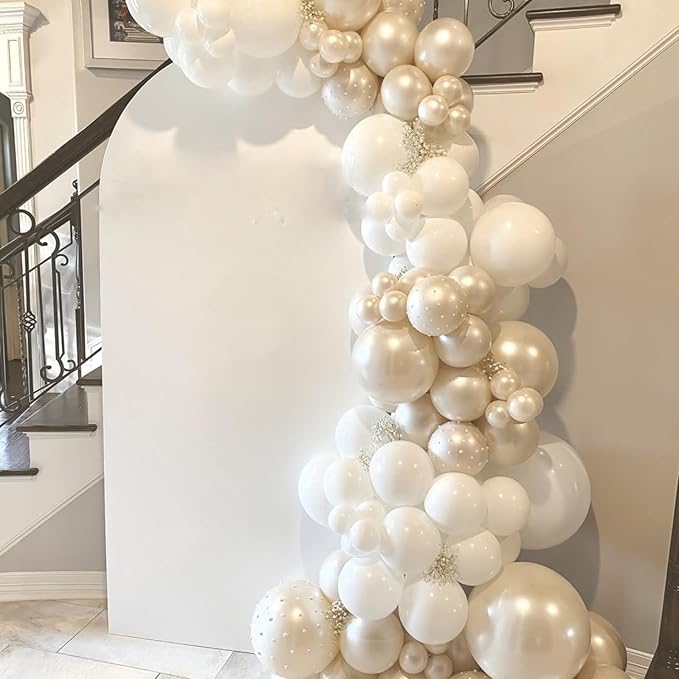 Pearl White Balloon Arch, Double Stuffed Pearl White Sand Balloon Garland, Neutral Ivory Clear Transparent Balloons Different Sizes for Boho Wedding Baby Bridal Shower Engagement Birthday Party Decor