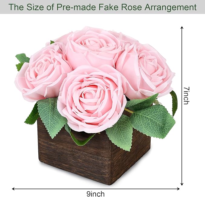 Dining Table Centerpiece Set of 6 - Pre-Made Aritifial Rose with Wooden Vase Fake Floral Arrangment Faux Flower for Wedding Bridal Tea Party Event Decorations - Pink