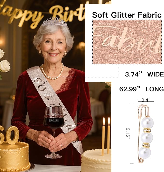 60TH Birthday Gifts for Women Her,60th Birthday Sash,Crown,Rhinestone Tiara,Vintage Engraved Wine Glass,60 Year Old Birthday Decorations For Her,Women,Mom,Wife,Friends,Sister-Turning 60 Present