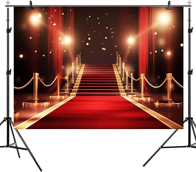 15x8ft Red Carpet Backdrop Golden Red Curtain Photography Background Glitter Dots Stairway Movie Premiere Award Ceremony Catwalks Stage Banner Decorations Kids Portrait Photo Booth Prop