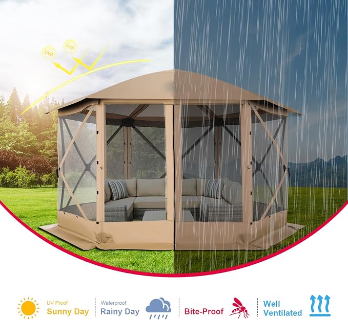 COBIZI 12x12 FT Pop Up Canopy Stargazing Tent, Gazebos On Clearance with Removable Roof,Instant Screened in Gazebo, Screen Tents Portable carpas para Patio for Outdoor Camping,Backyard, Garden, Khaki