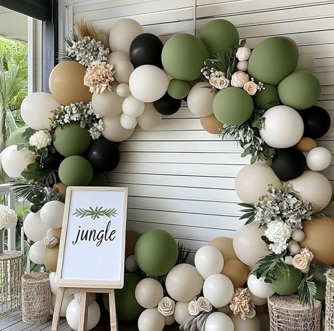 Black Sage Green Nude Balloon Garland Double Stuffed Olive Green Sand White Balloon Avocado Apricot Black Latex Arch Kit for Jungle Safari Wild One Birthday Baby Shower Woodland Decorations