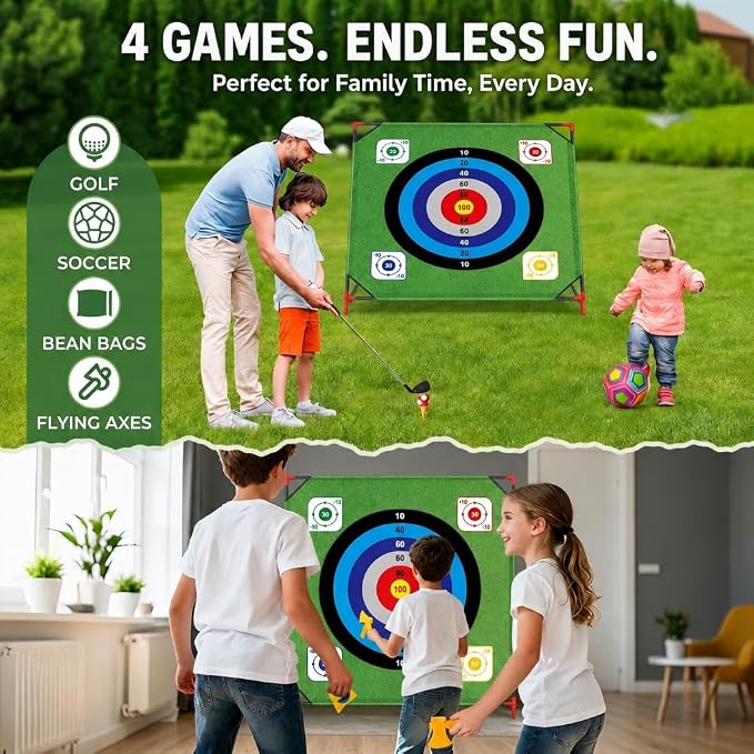 Golf Chipping Game, Battle Game for Kids & Adults, Giant 54”x54” Golf Target Mat with 16 Sticky Balls, 8 Bean Bag, 6 Axe & 2 Soccer, Perfect for Family Fun, Lawn, Poolside, Backyard Party
