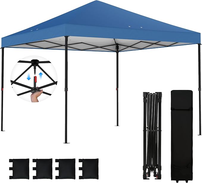 Outsunny 10 x 10 ft Pop Up Canopy Tent with One Push Setup, Easy Setup Outdoor Portable Instant Canopy Shelter with Wheeled Carry Bag, Sandbags, Adjustable Height for Parties, Events, Dark Blue