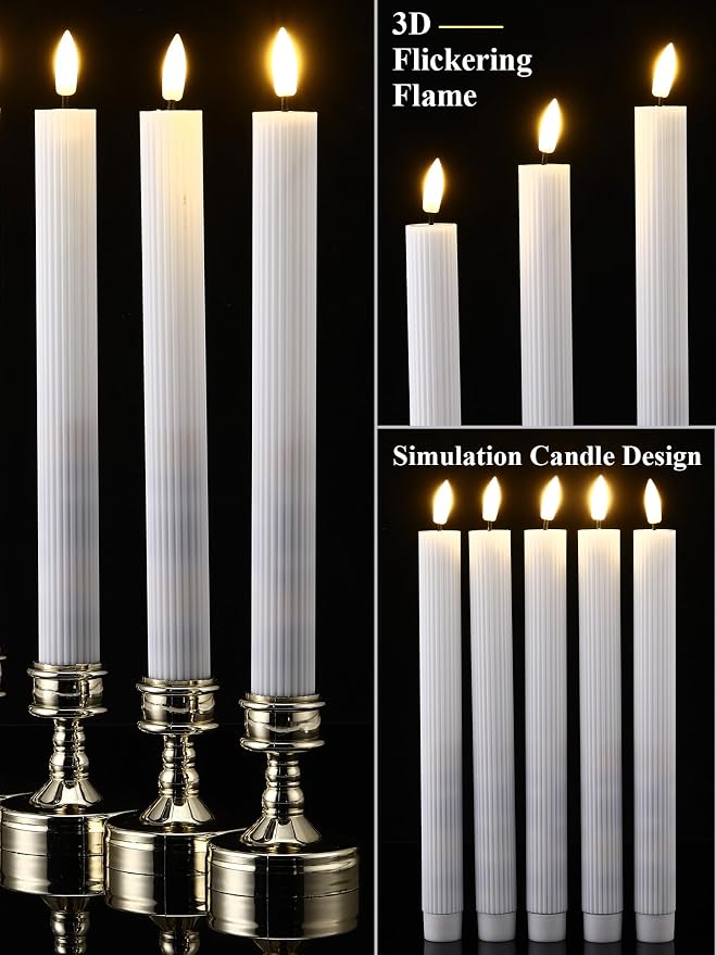 Funtery 48 Pcs Flameless LED Taper Candles Battery Operated Candles Bulk Realistic LED Candlesticks Flickering for Wedding Church Party Home Decor(White,10 Inch,Elegant Style)
