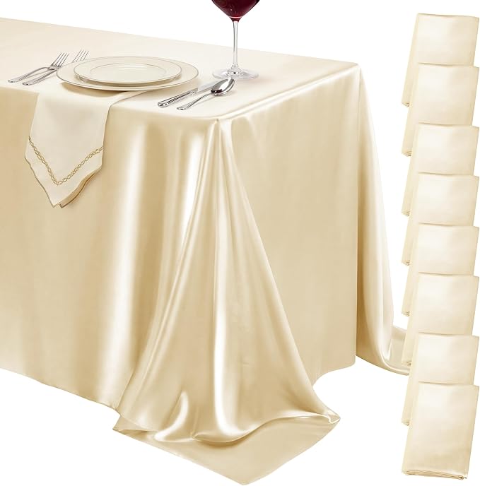 8 Pack Champagne Satin Tablecloth 58 x 102 Inches, Rectangular Satin Table Cloths for Wedding Reception, Birthday Party, Graduation & Holiday Banquet Tables