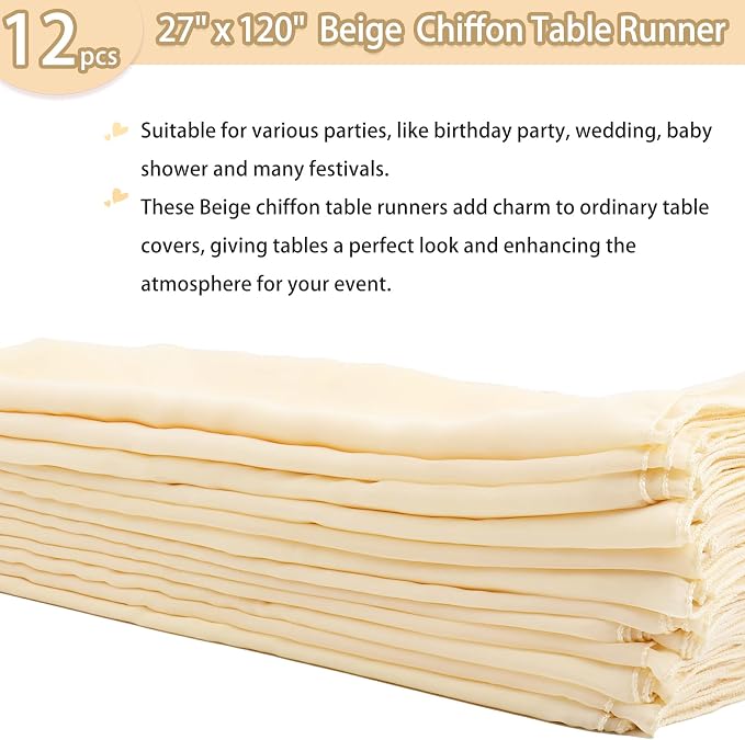 12 Packs 10Ft Chiffon Table Runner 27x120 Inches Sheer Romantic Wedding Table Runners Beige Table Runner for Wedding Birthday Party Bridal Baby Shower Table Decoration
