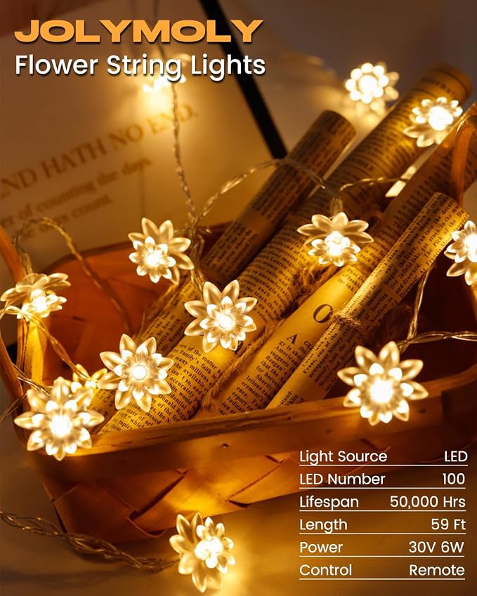 JOLYMOLY 59 Ft 100 LED Flower Fairy Lights with Remote Timer, Plug in Connectable Twinkle Lights with Soft Flowers for Bedroom Wedding Dorm Indoor Outdoor Decor, Warm White