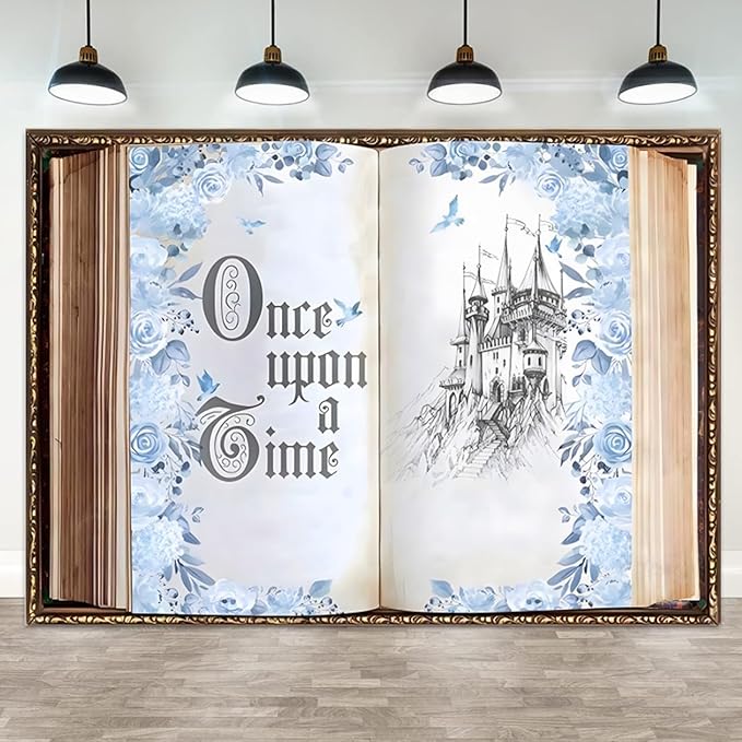 15x10ft Once Upon a Time Backdrop Fairy Tale Storybook Open Book Castle Photography Background for Princess Wedding Birthday Party Baby Shower Photo Booth Props Blue Flower Rose Vintage Decor