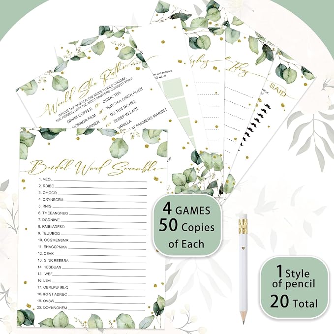 Silipull Bridal Shower Games Set for 50 Guests Includes Bingo, He Said She Said, Scramble, Would She Rather, Advice and Wishes Wedding Games Double Sided with Wooden Box, 20 Pencils (Greenery)