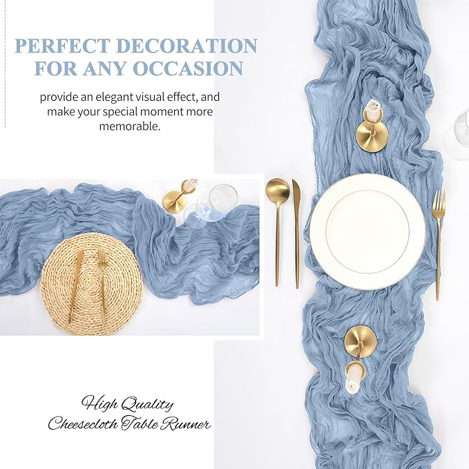 16 Pack 10Ft Cheesecloth Table Runner Dusty Blue, 20 x 120 Inch Rustic Gauze Boho Cheese Cloth Table Runners Wedding Long Table Runner for Wedding Party Bridal Shower Table Decoration