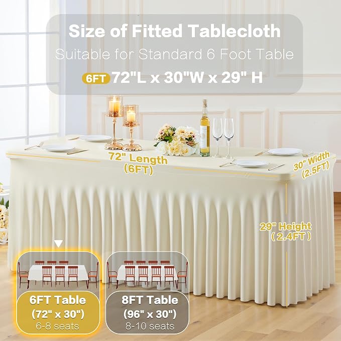 6 Pack Beige Table Cloth for 6 Foot Rectangle Tables Spandex Fitted Tablecloth 6ft Stretch Table Covers Skirt Beige Banquet Tablecloths Wrinkle Free Tablecloth for Party Wedding Birthday Event