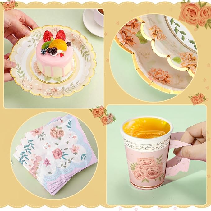 Yungyan 108 Pcs 36 Guest Tea Party Plates and Napkins Sets Floral Tea Party Supplies 6" Paper Plates, 9 oz Cups and Saucers Disposable Tableware Set for Birthday Wedding Bridal Shower Decorations