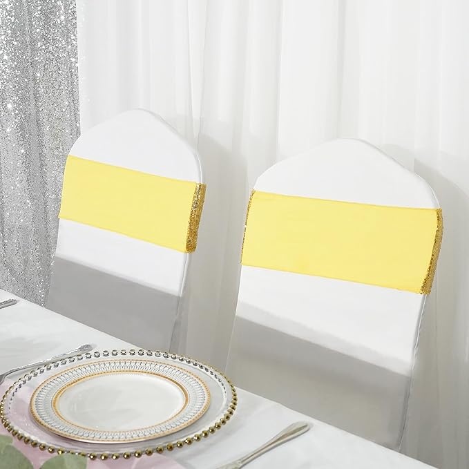 Poise3EHome Set of 50 Stretch Sequin Chair Sashes Bands Gold One-Sided Sequins Decorative Bows for Wedding Party Event Chair Covers