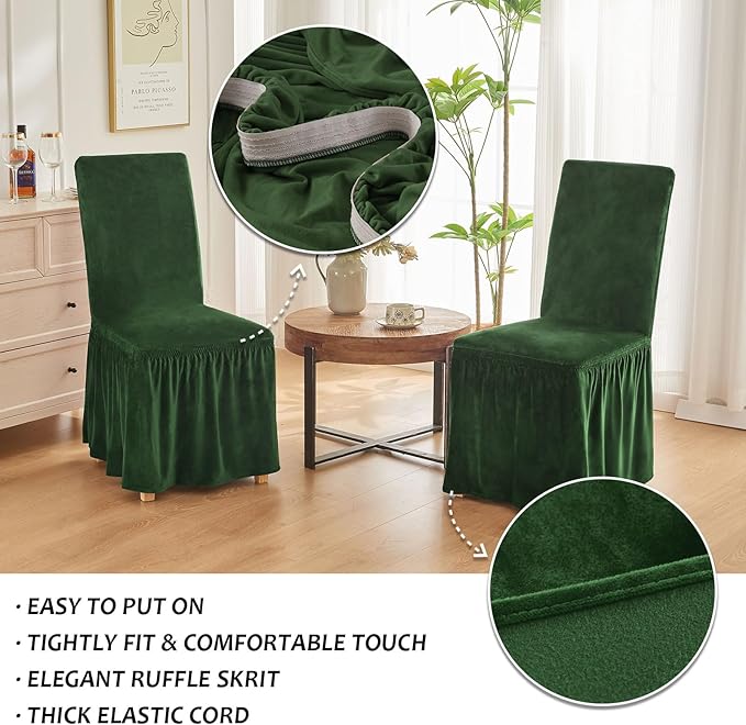 NICEEC Spandex Chair Covers for Dining Chairs Covers Set of 6 Removable Dining Room Chair Covers with Skirt Parson Chair Slipcovers Washable Chair Protector for Kitchen Wedding Party Banquet(Green)