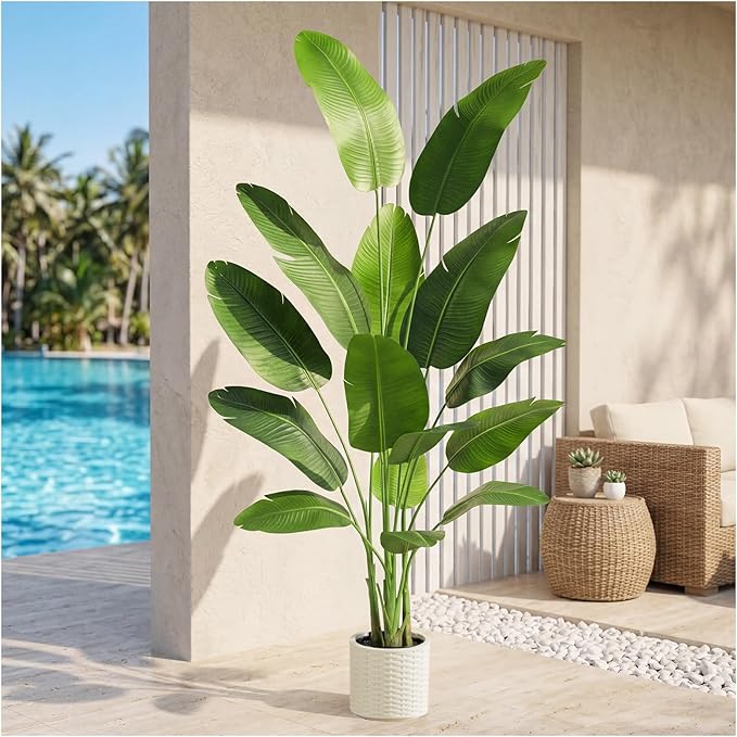 Artificial Bird of Paradise Plant: 7FT Faux Traveler's Palm Fake Banana Tree Elephant Ear Leaf Tall Silk Floor Plant in White Pot for Home Decor Indoor Office Entryway Balcony Patio Cafe Hotel